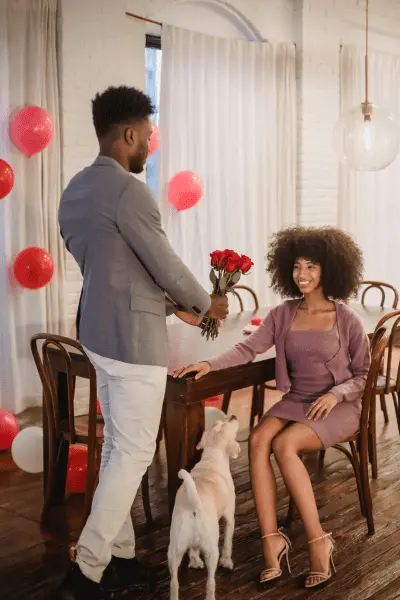 Stand man giving red roses to lady sit in NeverFail Dating